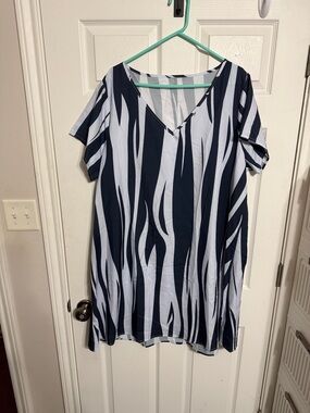 Navy and White V-Neck Striped Swing Dress
